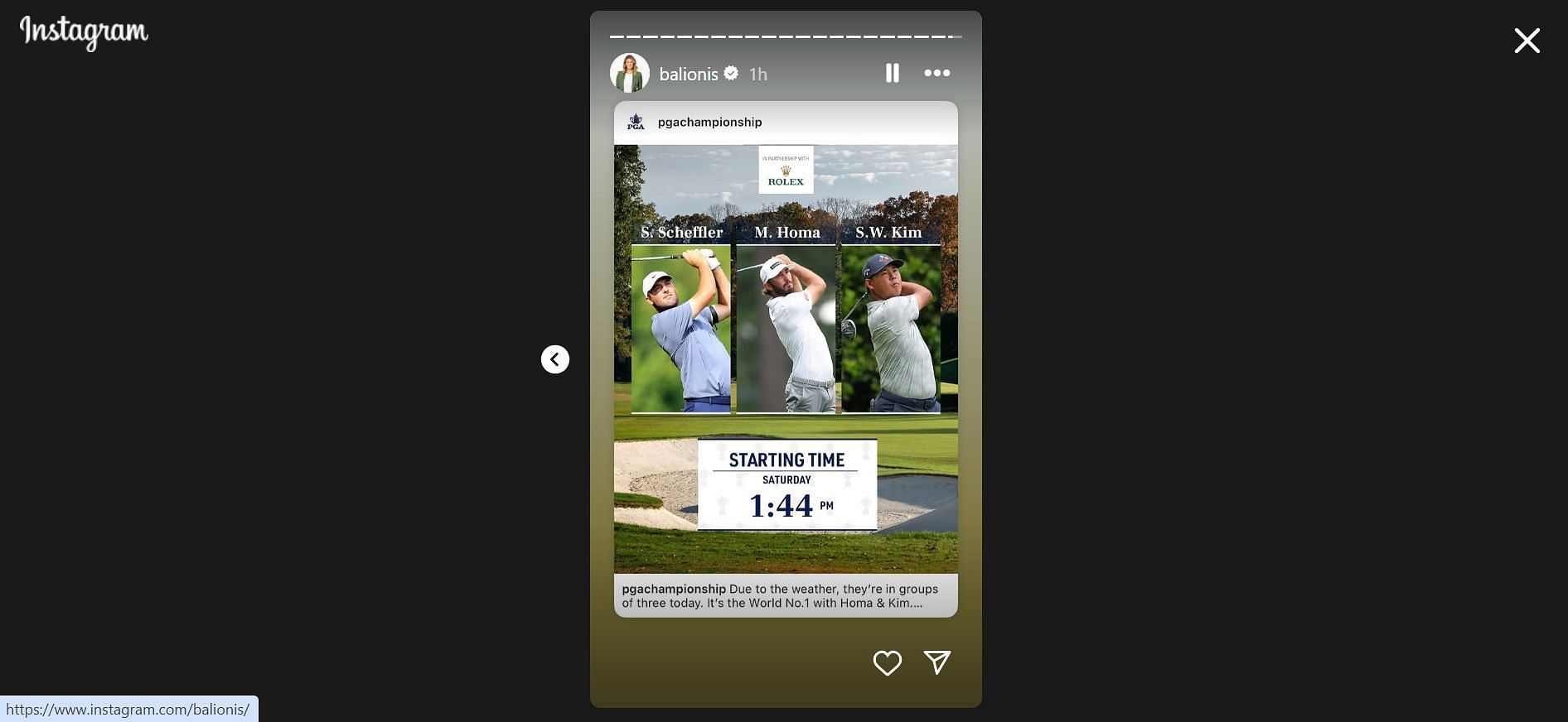 Amanda Balionis' Instagram story on the PGA Championship (Image Via: @balionis)